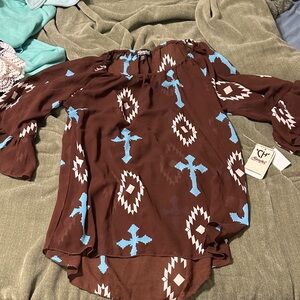 Brown and Blue Patterned Blouse